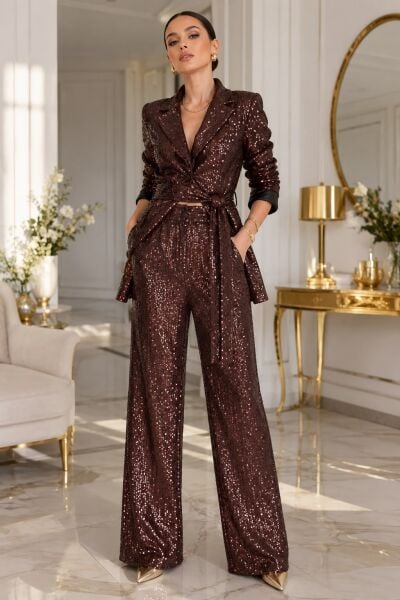 Eliza Acı Kahve Payetli Kuşaklı Ceket & Pantolon Takım