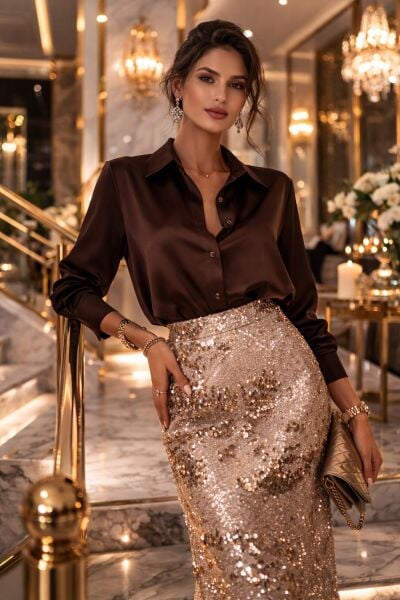 Ventiup Kahve İpek Saten Düz Gömlek