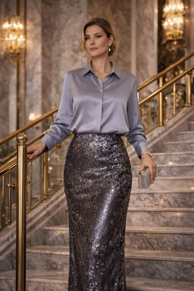 Ventiup Gri İpek Saten Düz Gömlek