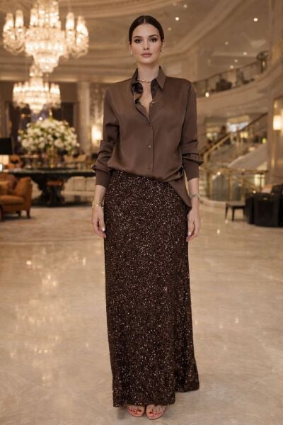 VENTİUP KAHVERENGİ PAYET ETEK 98 CM