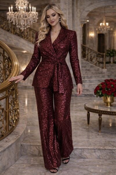 Eliza Bordo Payetli Kuşaklı Ceket & Pantolon Takım