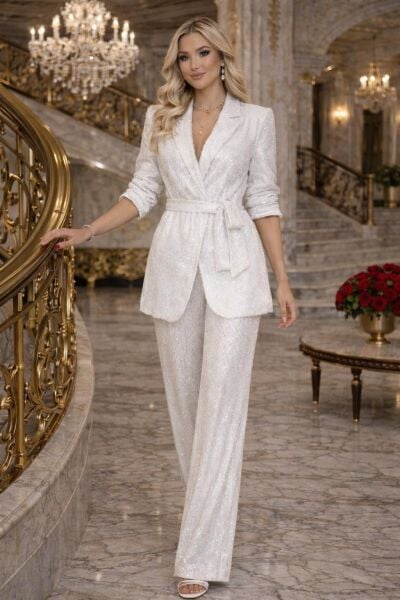Eliza Beyaz Payetli Kuşaklı Ceket & Pantolon Takım