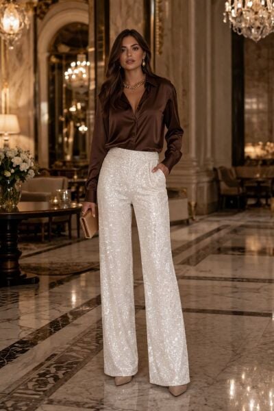 Eliza Beyaz Payetli Pantolon