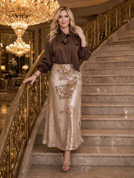 Ventiup Luxe Bağlama Detaylı İpek Saten Bluz - Kahve