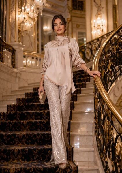Ventiup Luxe Bağlama Detaylı İpeksi Saten Bluz - Bej