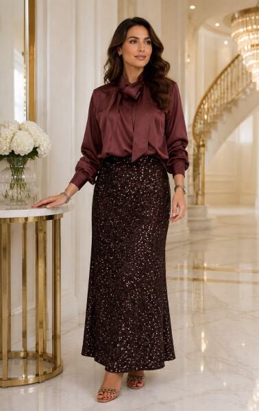 Ventiup Luxe Bağlama Detaylı İpeksİ Saten Bluz - Mürdüm Kahve