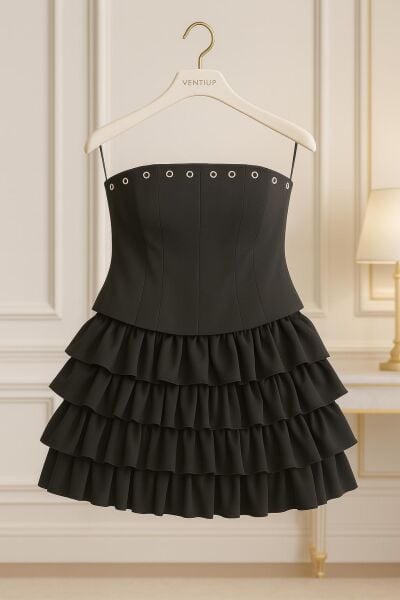 Duchess Straplez Volanlı Mini Elbise - Siyah