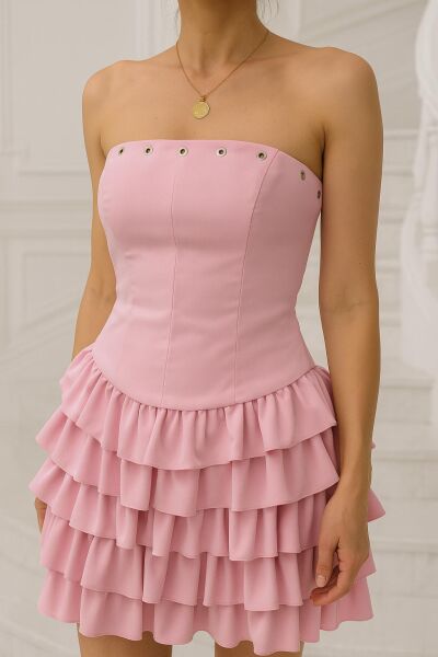 Duchess Straplez Volanlı Mini Elbise - Pembe