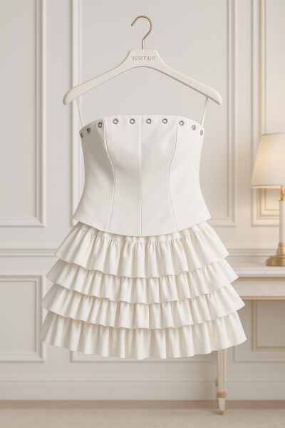 Duchess Straplez Volanlı Mini Elbise - Beyaz