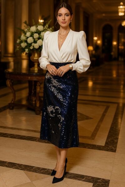 Lacivert Silver Çift Taraflı Payet Etek 85 cm