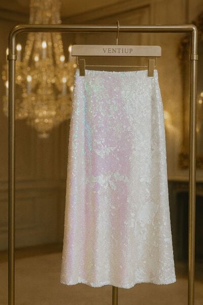 Hologramlı Beyaz Payet Etek 85 cm