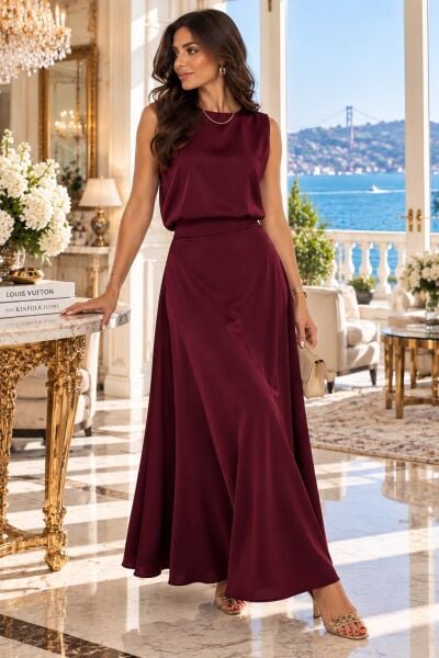 Ventiup Luxe Bordo Bluz & Kloş Etek Takımı