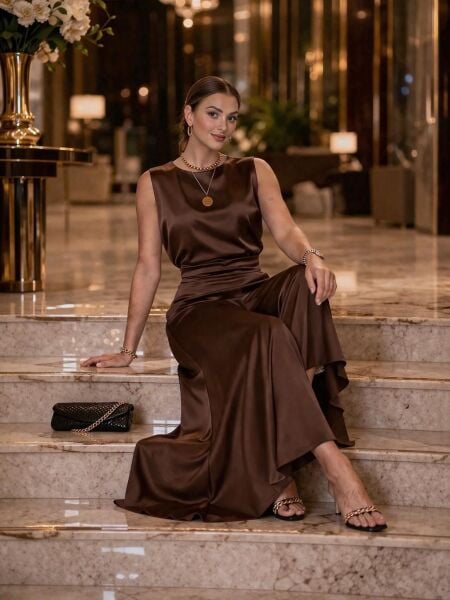 Ventiup Luxe Çikolata İpek Saten Bluz & Kloş Etek Takımı