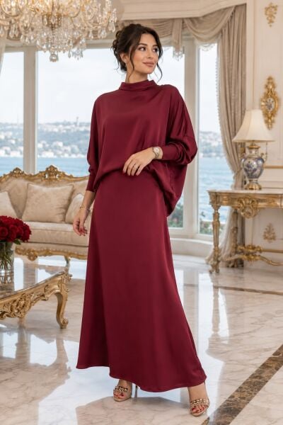 Ventiup Luxe Bordo Salaş Uzun Kol Bluz & Kloş Etek Takımı
