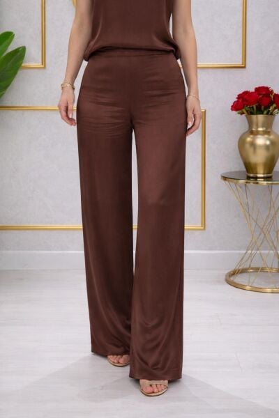 Çikolata Kahve İpek Saten Yüksek Bel Şık Pantolon
