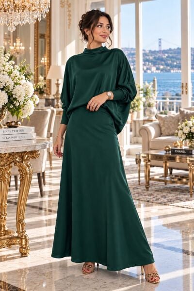 Ventiup Luxe Zümrüt Yeşili Salaş Uzun Kol Bluz & Kloş Etek Takımı