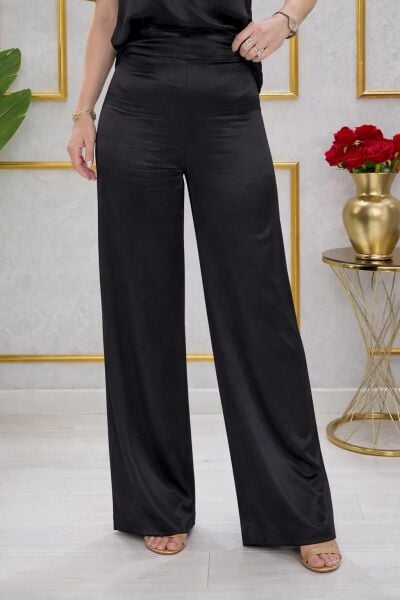 Siyah İpek Saten Yüksek Bel Şık Pantolon
