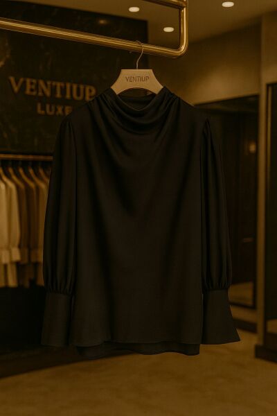 Black Luxe Drapeli Yaka Bluz