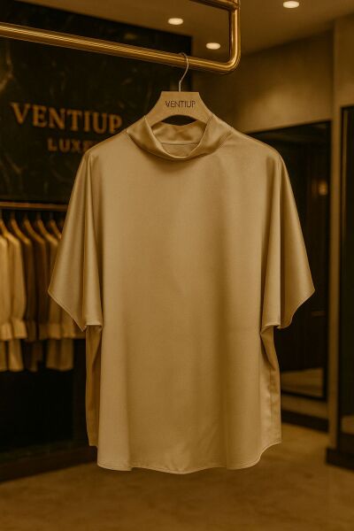 Champagne Luxe Satin High Neck Bluz