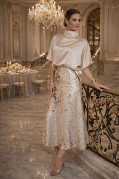 Bej İpek Saten Yüksek Yaka Kısa Kol Bluz