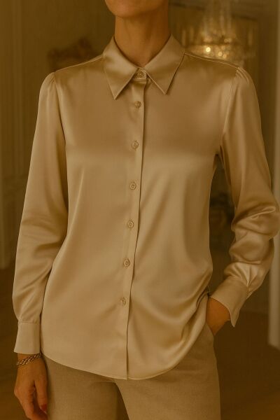 Ventiup Luxe Şampanya İpek Saten Düz Gömlek