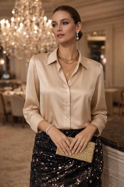 Ventiup Luxe Bej İpek Saten Düz Gömlek