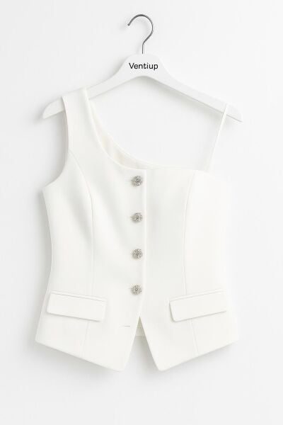 Beyaz Asimetrik Tek Omuz Kristal Düğmeli Yelek Büstiyer