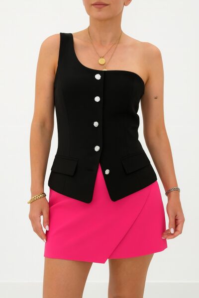 Siyah Asimetrik Tek Omuz Kristal Düğmeli Yelek Büstiyer