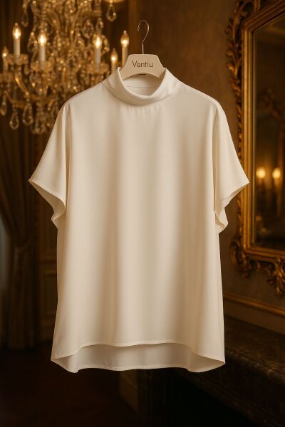 İpek Saten Yüksek Yaka Kısa Kol Bluz-Ekru