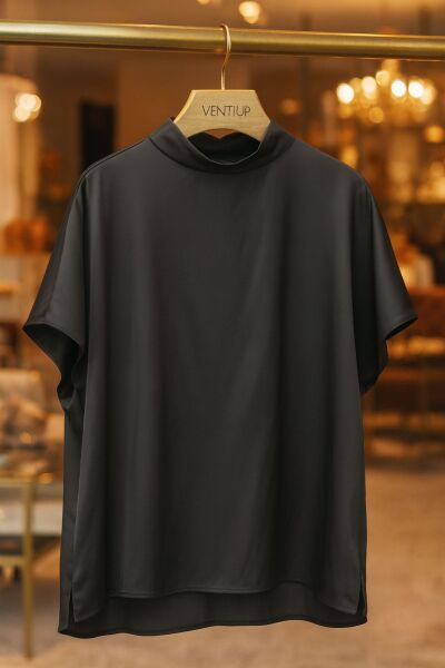 İpek Saten Yüksek Yaka Kısa Kol Bluz – Siyah