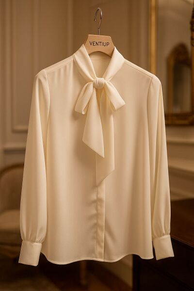 Fiyonk Yaka Uzun Kol İpek Krep Bluz – Ekru