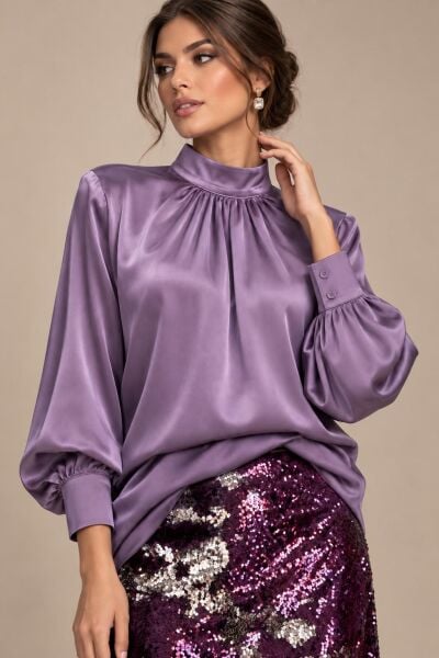 Ventiup Luxe Dökümlü Balon Kol İpeksi Saten Bluz – Mor