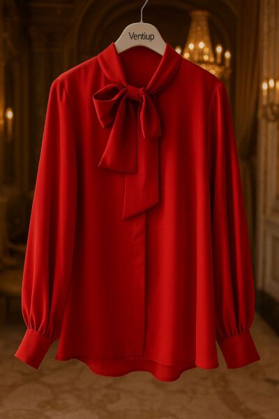 Fiyonk Yaka Uzun Kol Saten Dokulu Bluz – Kırmızı