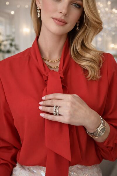 Fiyonk Yaka Uzun Kol İpek Krep Bluz – Kırmızı