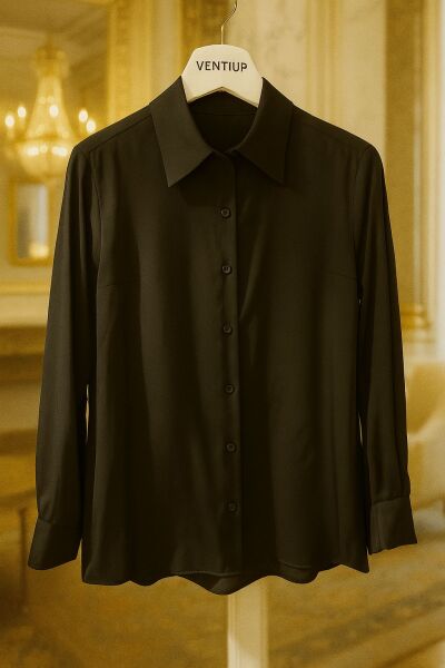 Ventiup Luxe Siyah İpek Saten Düz Gömlek