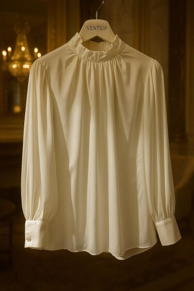 Ventiup Luxe Dökümlü Balon Kol İpek Saten Bluz – Ekru