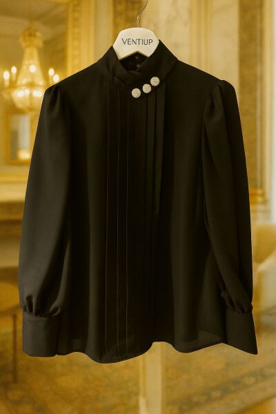 Ventiup Luxe Dökümlü Pliseli Yaka Detaylı İpek Krep Bluz – Siyah