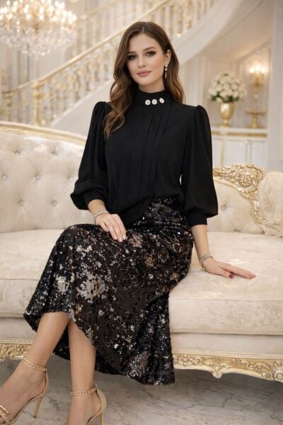 Ventiup Luxe Dökümlü Pliseli Yaka Detaylı İpek Krep Bluz – Siyah