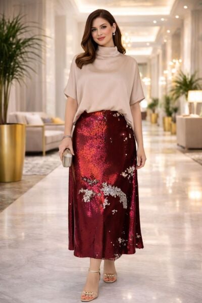 BORDO BEJ ÇİFT TARAFLI PAYET ETEK 85 CM