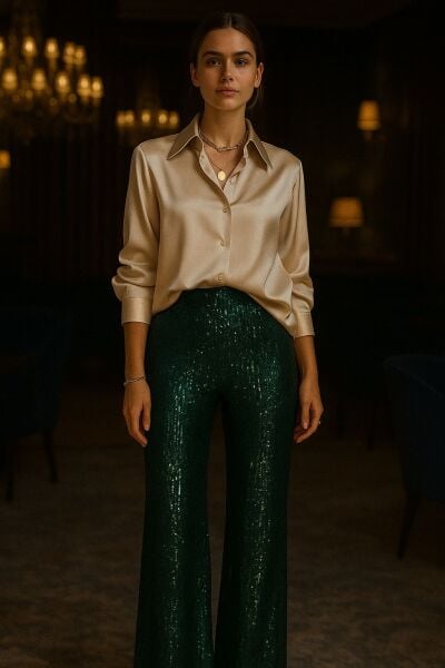 ZÜMRÜT YEŞİLİ PAYET İSPANYOL PAÇA PANTOLON