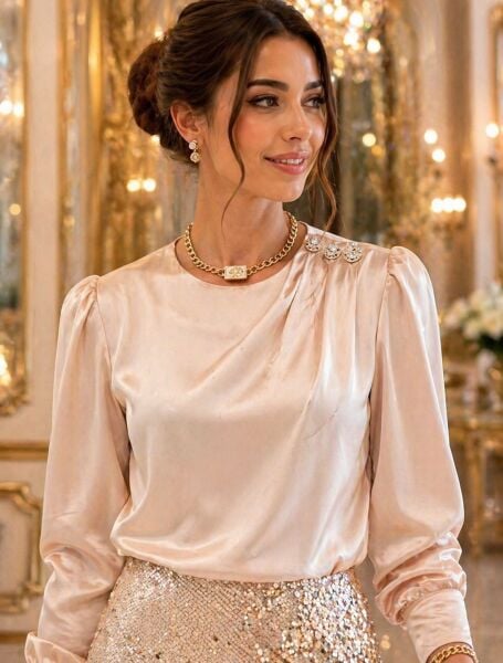 Şampanya Bej Elegance Taşlı Drapeli Saten Bluz