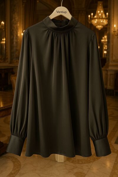Ventiup Luxe Dökümlü Balon Kol İpek Saten Bluz – Siyah