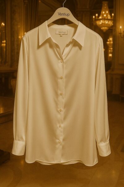 Ventiup Luxe Beyaz İpek Saten Düz Gömlek