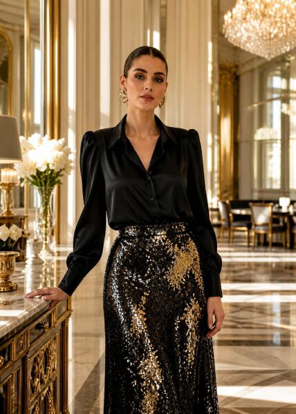 Ventiup Luxe Siyah İpek Saten Vatkalı Gömlek