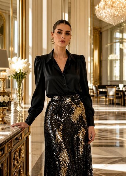 Ventiup Luxe Siyah İpek Saten Vatkalı Gömlek