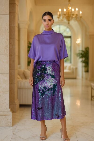 İpek Saten Yüksek Yaka Kısa Kol Bluz – Mor