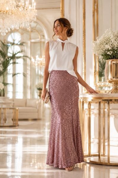 PEMBE YOĞUN PAYETLİ ETEK 96 CM