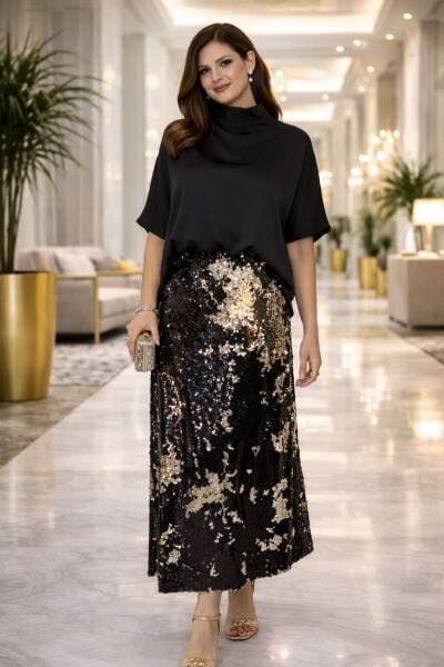 VENTİUP SİYAH GOLD ÇİFT TARAFLI PAYET ETEK 85 CM