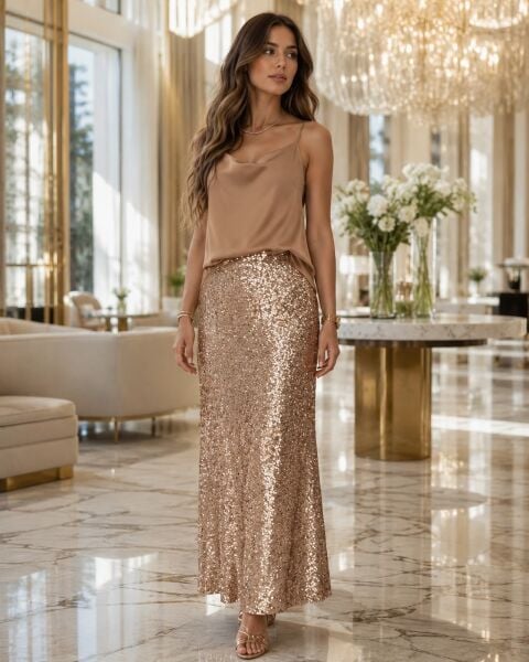 ROSE GOLD YOĞUN PAYETLİ ETEK 96 CM