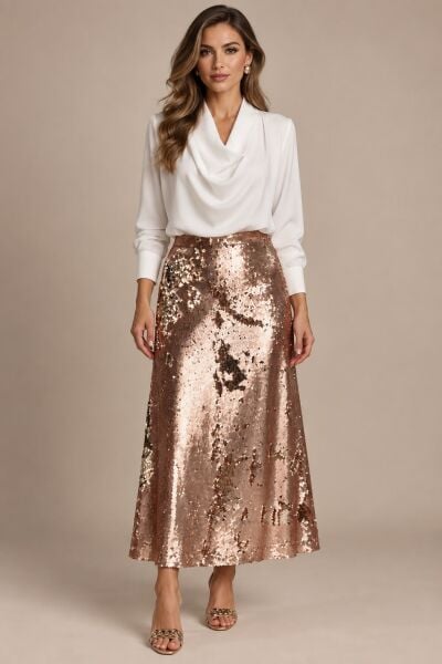 Rose Gold Çift Taraflı Payet Etek 85 cm